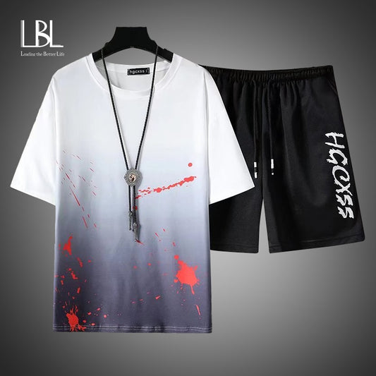 2022 Summer Men Sets Korean Fashion Tracksuit Streetwear Casual Print Outfit - lecapmode