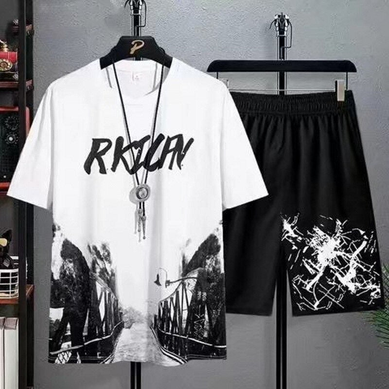 2022 Summer Men Sets Korean Fashion Tracksuit Streetwear Casual Print Outfit - lecapmode