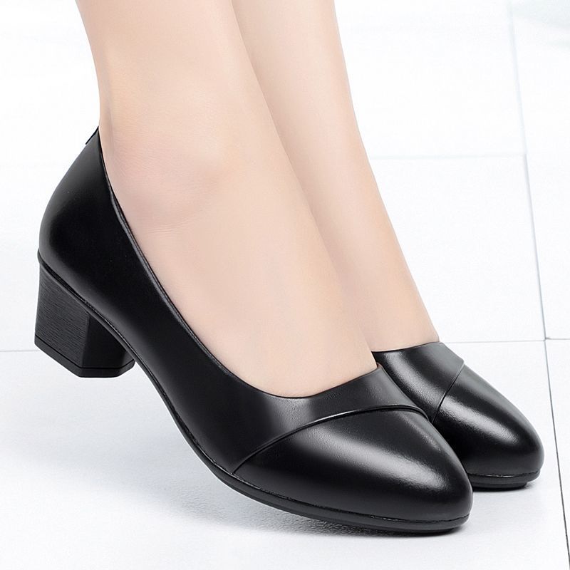 Women Mid Heel Shoes Office Lady Pumps PU Leather Black Basic Square Heeled - lecapmode