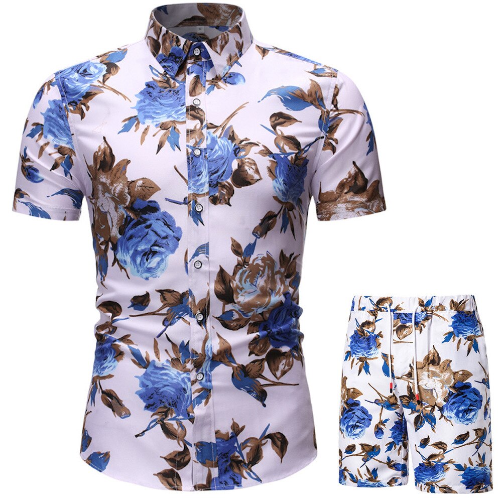 Summer Set Men Shorts Set Floral Print Shirt and Shorts Beach Wear Holiday Clothes - lecapmode