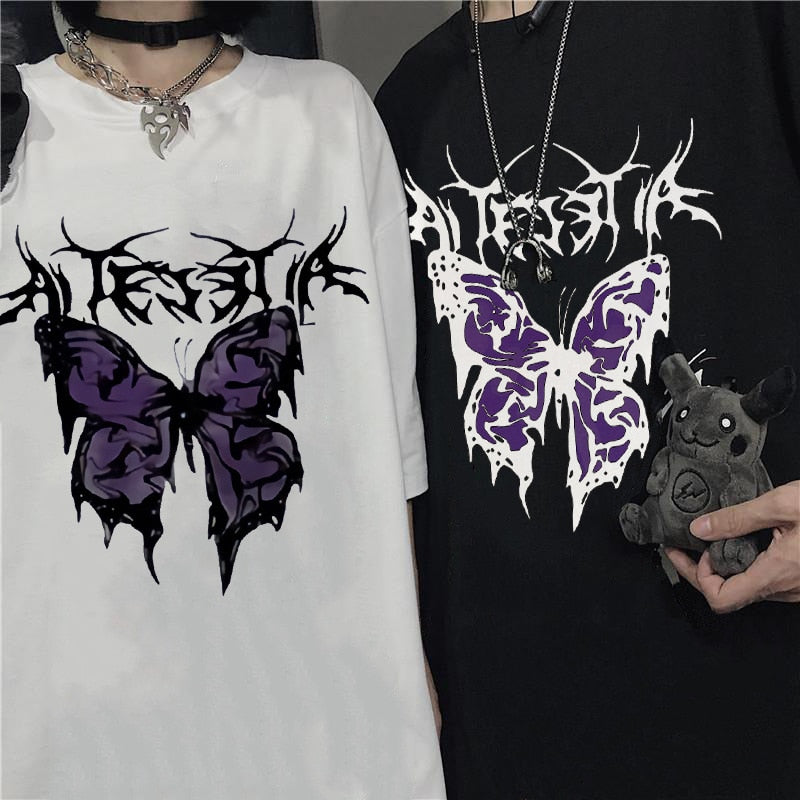 Retro Butterfly Printed Couple Oversized Tee Harujuku Clothing - lecapmode