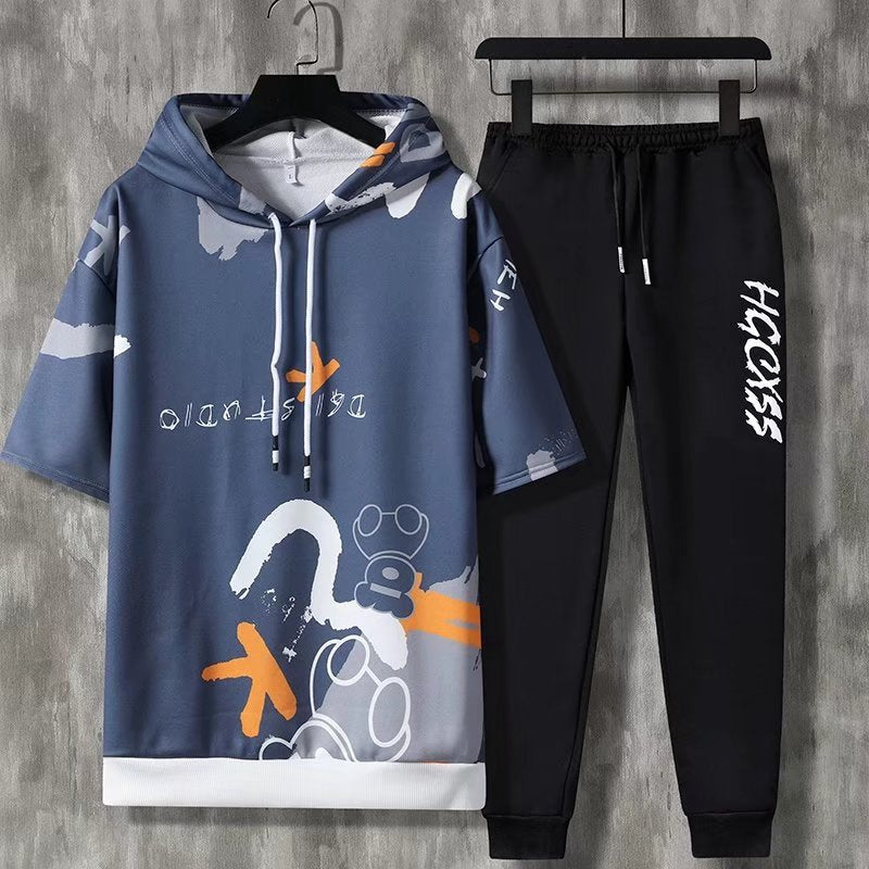 Summer Men Sets Korean Fashion Hooded outfit Set Short Sleeve  T Shirt Casual Trouser Men Clothes - lecapmode