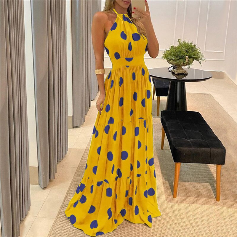 Women Boho Halter Neck Dots Maxi Sleeveless Beach Evening party Robe Dress - lecapmode