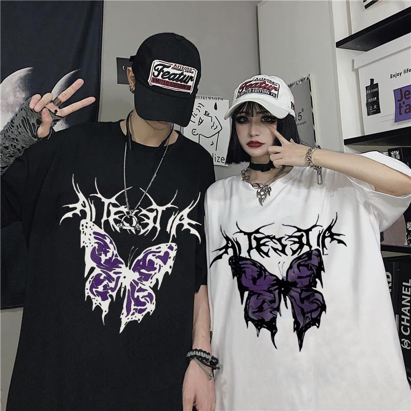 Retro Butterfly Printed Couple Oversized Tee Harujuku Clothing - lecapmode