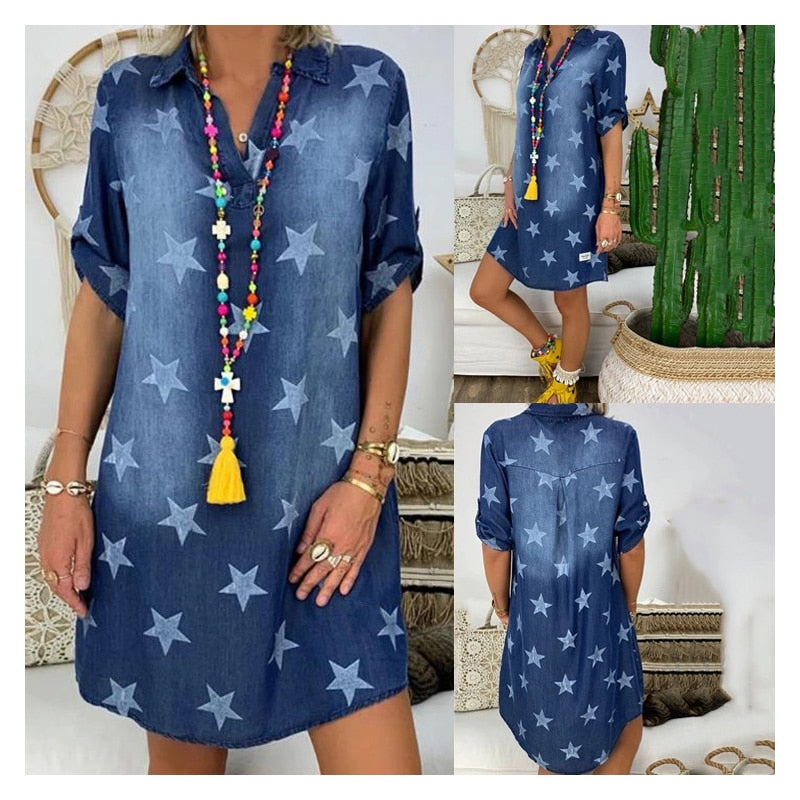 Blue Jeans Loose V Neck Printed Long Hot Summer Casual Shirt For Women - lecapmode