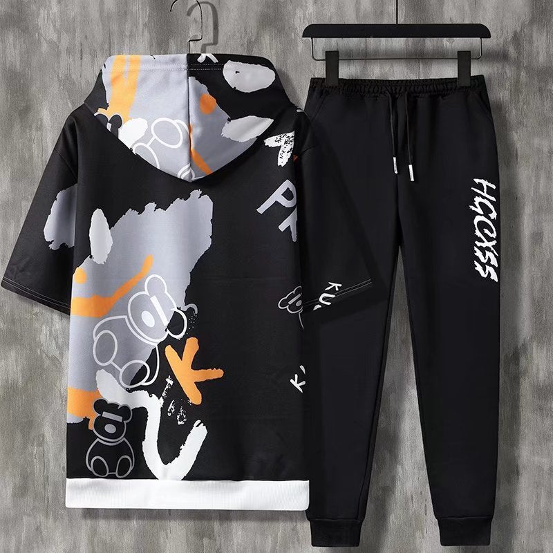 Summer Men Sets Korean Fashion Hooded outfit Set Short Sleeve  T Shirt Casual Trouser Men Clothes - lecapmode