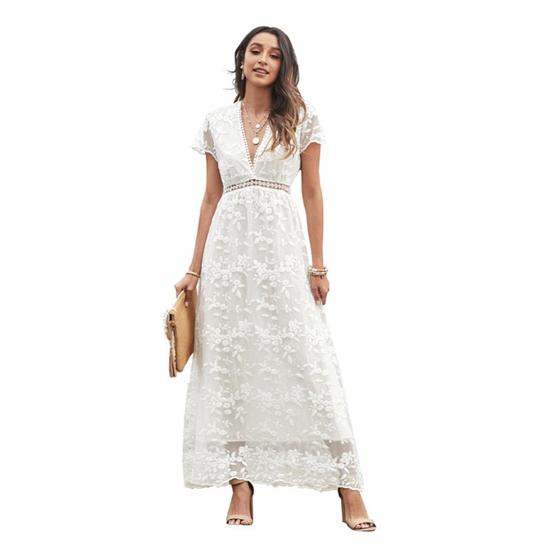 Women White V Neck Short Sleeve Lace High Waist Long Party Dress - lecapmode