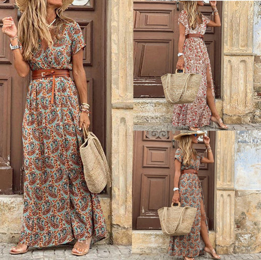 Elegant Women's Summer Maxi V Neck Short Sleeve Casual Long Dress - lecapmode