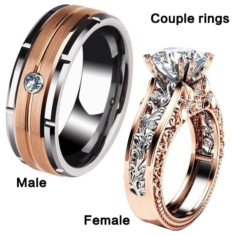 1pcs Luxury Metal Hollow Carving Pattern Rose Gold Zircon Couple Ring - lecapmode