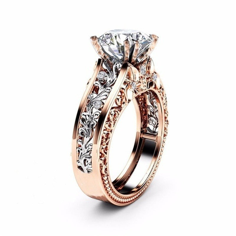 1pcs Luxury Metal Hollow Carving Pattern Rose Gold Zircon Couple Ring - lecapmode