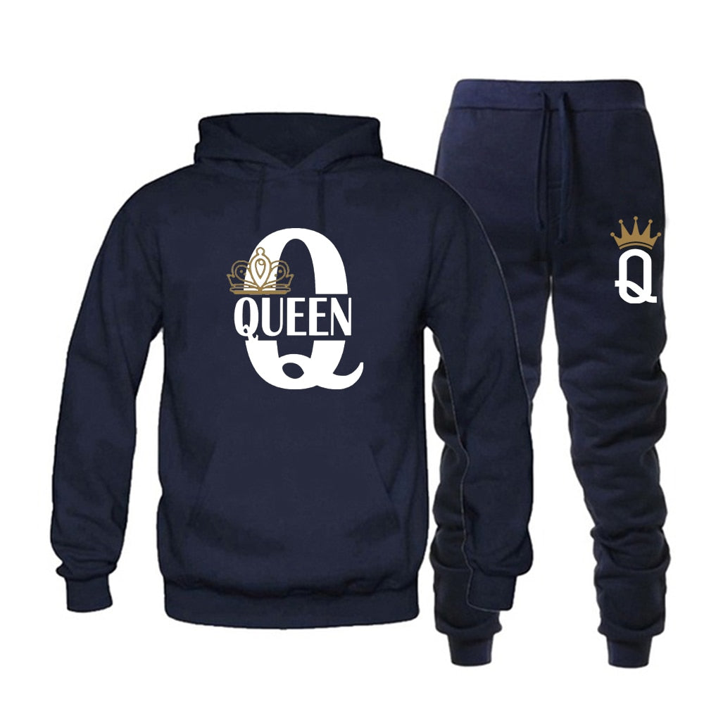 Fashion Lover Couple Sportwear Set KING QUEEN Printed Hooded Clothes - lecapmode