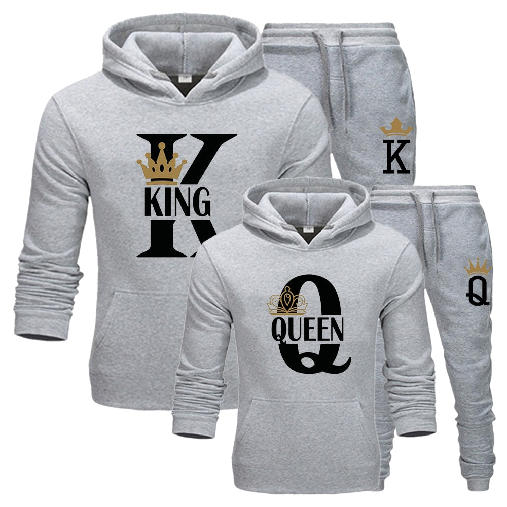 Fashion Lover Couple Sportwear Set KING QUEEN Printed Hooded Clothes - lecapmode