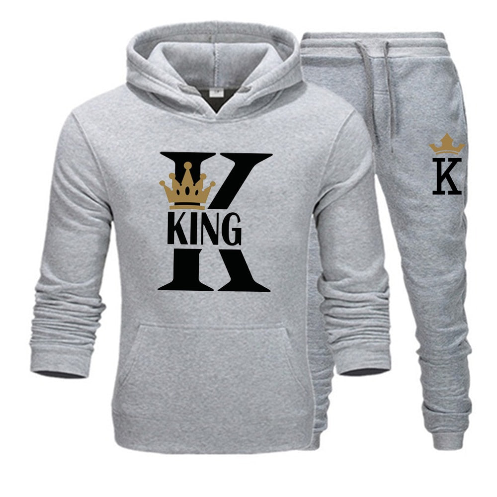 Fashion Lover Couple Sportwear Set KING QUEEN Printed Hooded Clothes - lecapmode