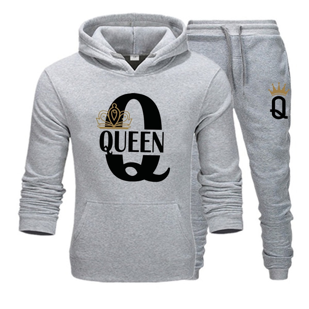 Fashion Lover Couple Sportwear Set KING QUEEN Printed Hooded Clothes - lecapmode