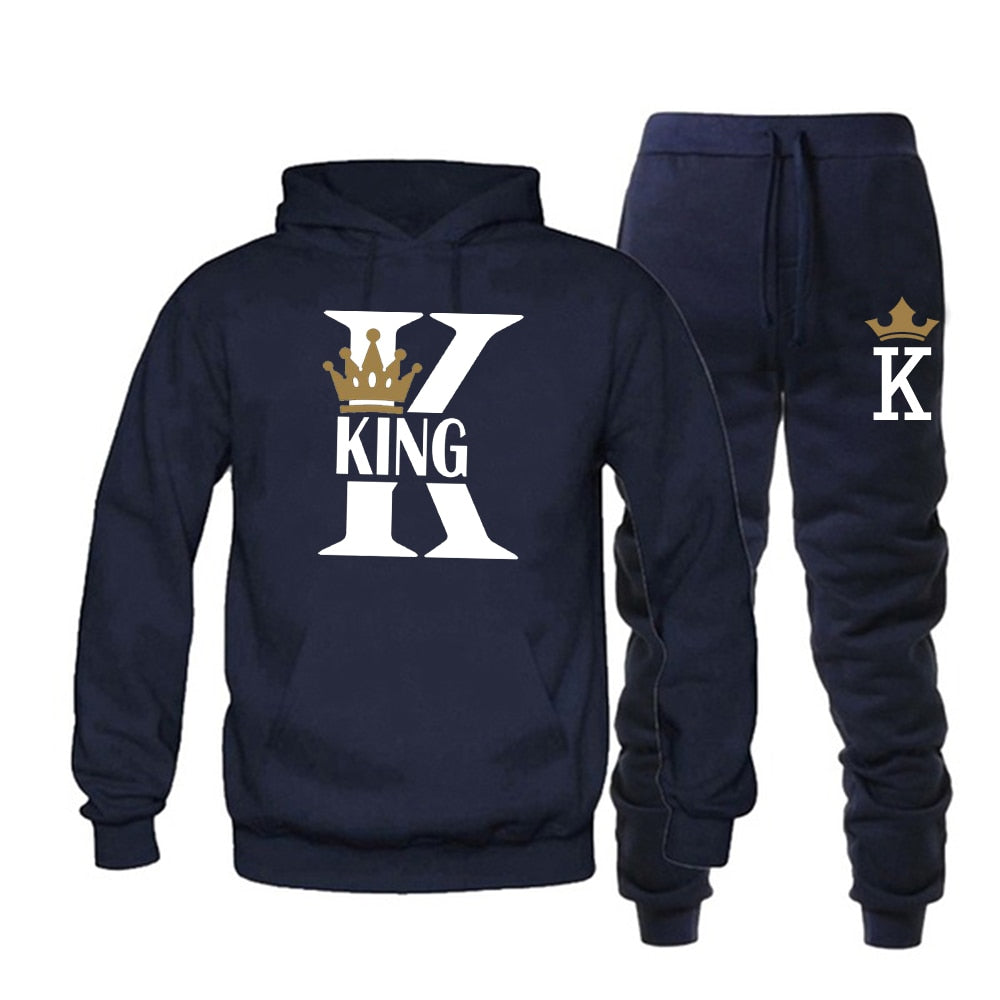 Fashion Lover Couple Sportwear Set KING QUEEN Printed Hooded Clothes - lecapmode