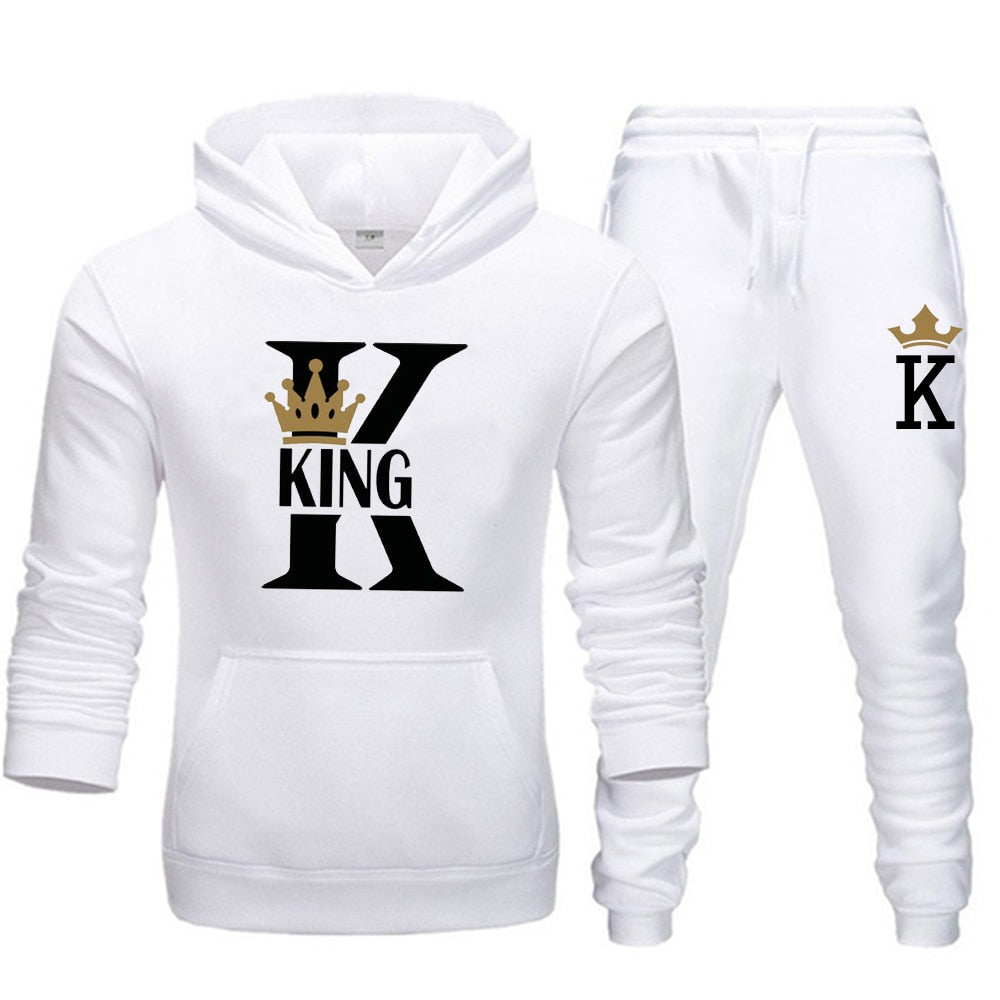 Fashion Lover Couple Sportwear Set KING QUEEN Printed Hooded Clothes - lecapmode