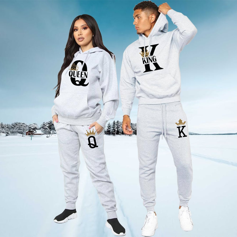 Fashion Lover Couple Sportwear Set KING QUEEN Printed Hooded Clothes - lecapmode