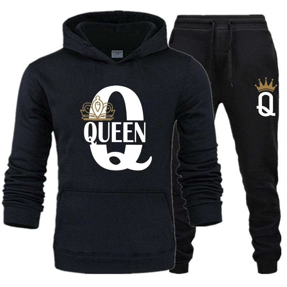 Fashion Lover Couple Sportwear Set KING QUEEN Printed Hooded Clothes - lecapmode