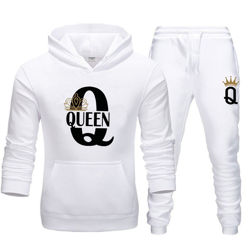 Fashion Lover Couple Sportwear Set KING QUEEN Printed Hooded Clothes - lecapmode