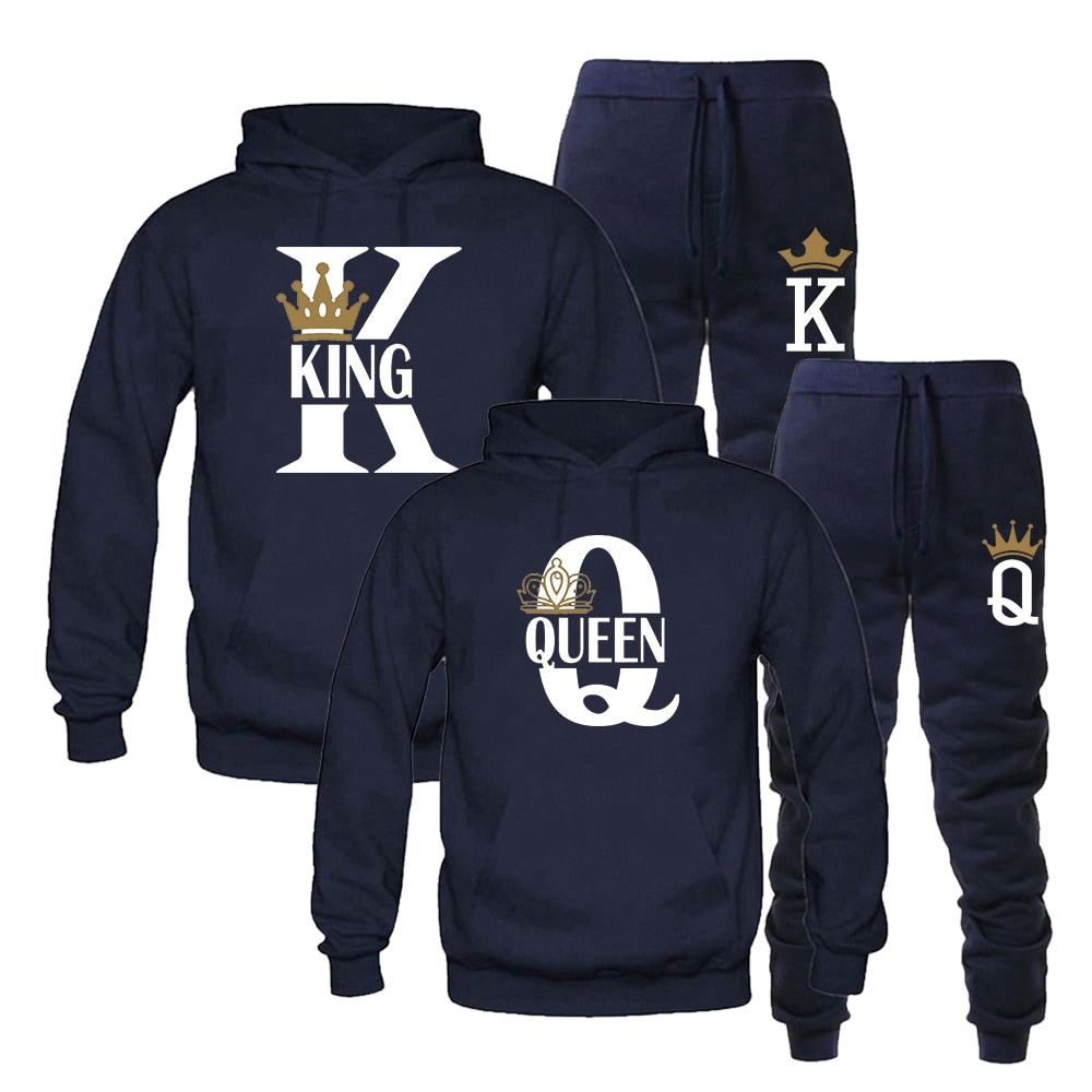 Fashion Lover Couple Sportwear Set KING QUEEN Printed Hooded Clothes - lecapmode