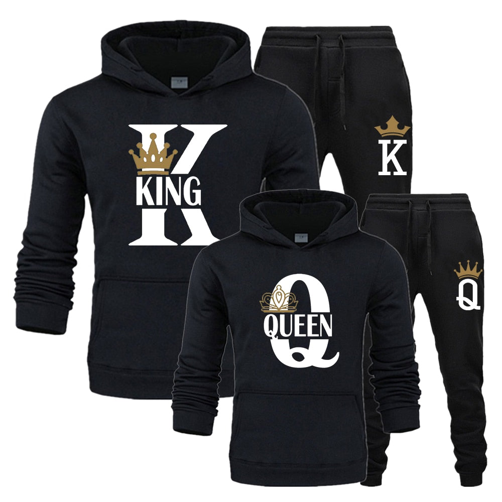 Fashion Lover Couple Sportwear Set KING QUEEN Printed Hooded Clothes - lecapmode