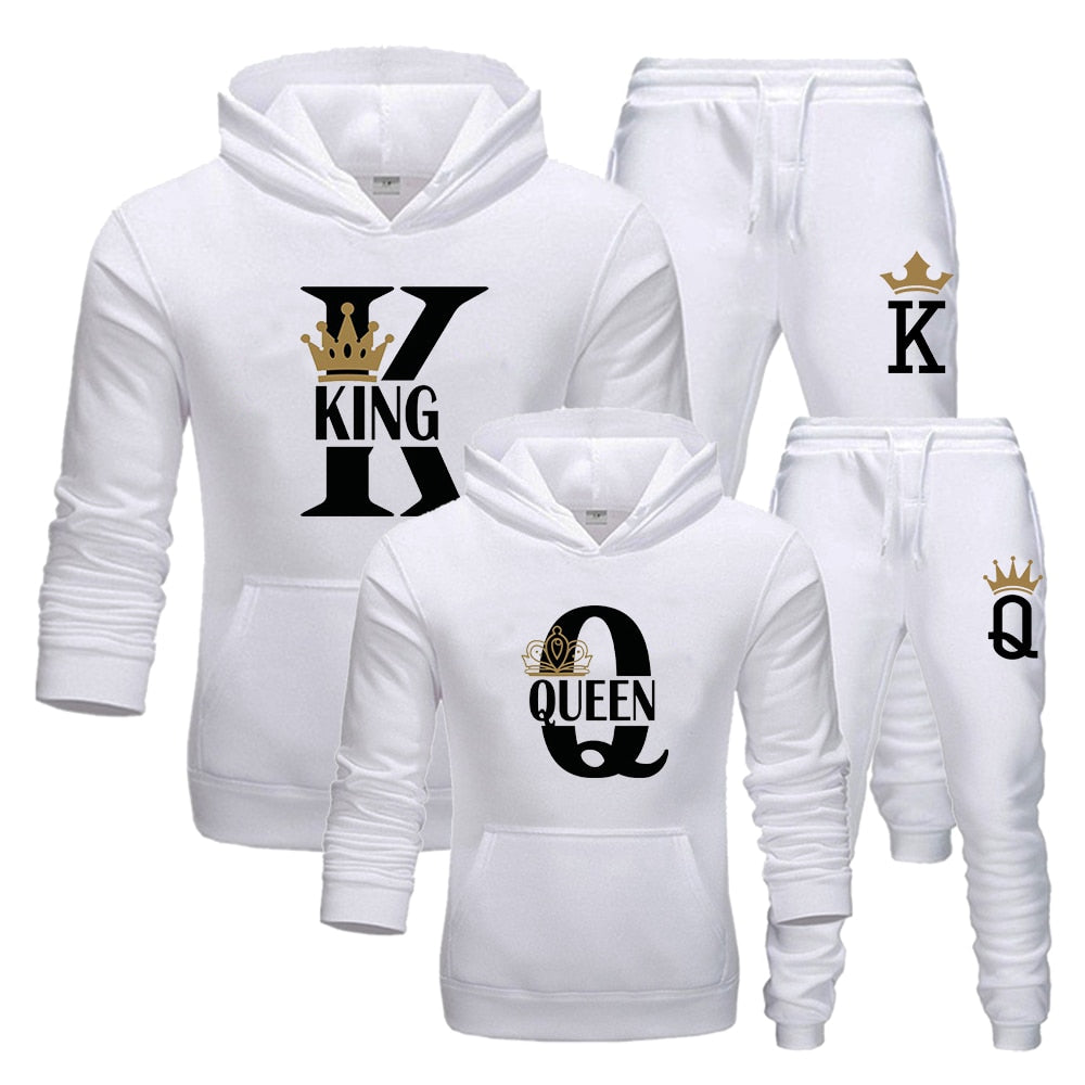 Fashion Lover Couple Sportwear Set KING QUEEN Printed Hooded Clothes - lecapmode