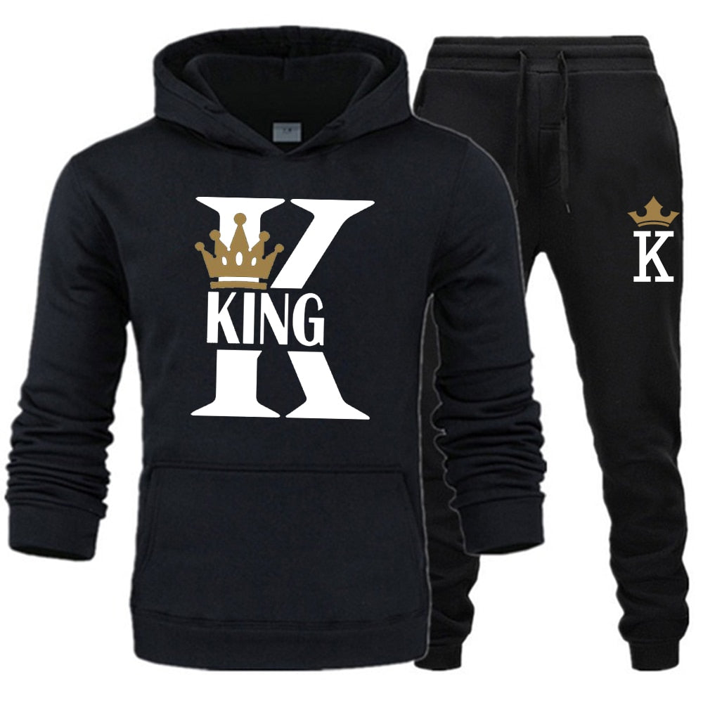 Fashion Lover Couple Sportwear Set KING QUEEN Printed Hooded Clothes - lecapmode