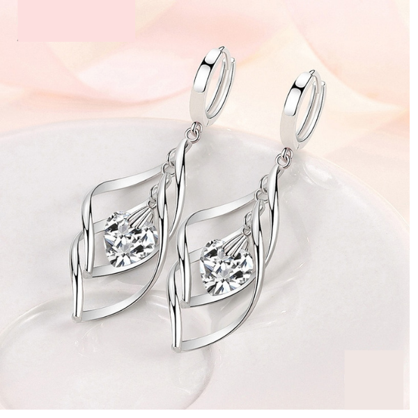 925 Sterling Silver Hollow White Crystal Long Drop Earrings For Women Fashion Wedding Jewelry Gift