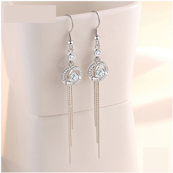 925 Sterling Silver Round Zircon Long Tassel Earrings