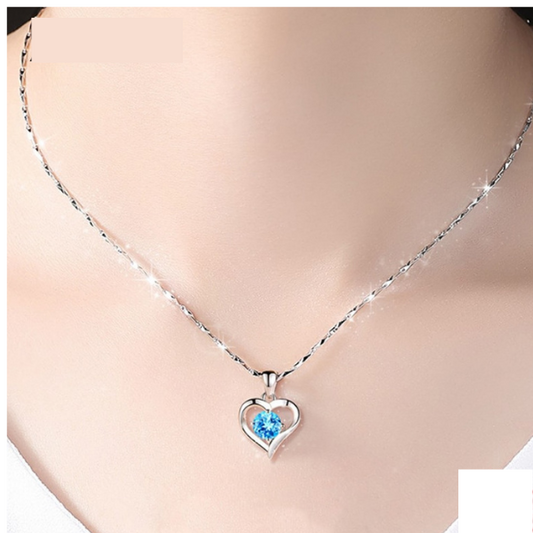 925 Sterling Silver Heart Blue Crystal Necklace For Women Jewelry