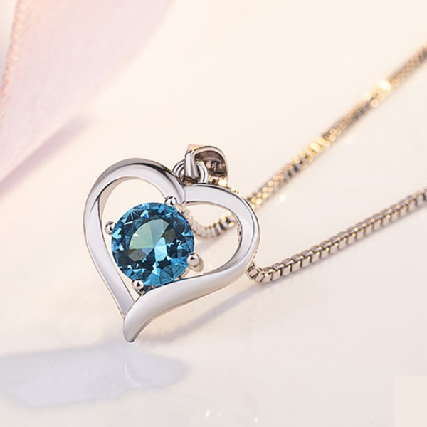 925 Sterling Silver Heart Blue Crystal Necklace For Women Jewelry