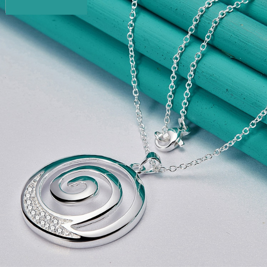 Sterling Silver Zircon Round Spiral Pendant Necklace For Woman Jewelry